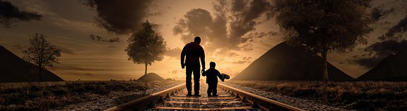 man and child on railroad tracks